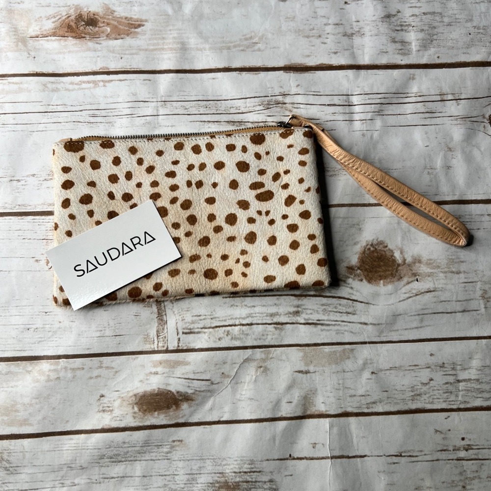 Saudara Wristlet Clutch Cream Brown Animal Print Cowhide Hair-on-Hide OS